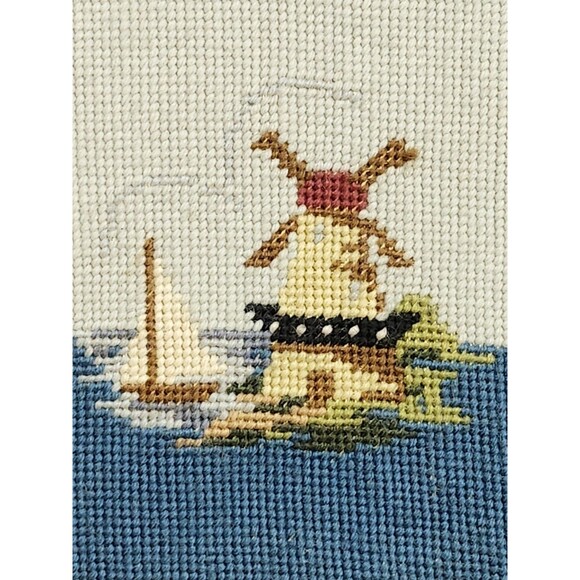 Vintage Framed Needlepoint Windmill & Sailboat Scene Signed 8' x 9' - Picture 2 of 11